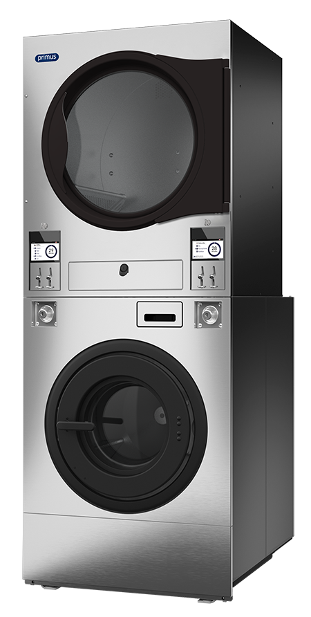 Side view of Primus stacked washer-extractor and tumble dryer