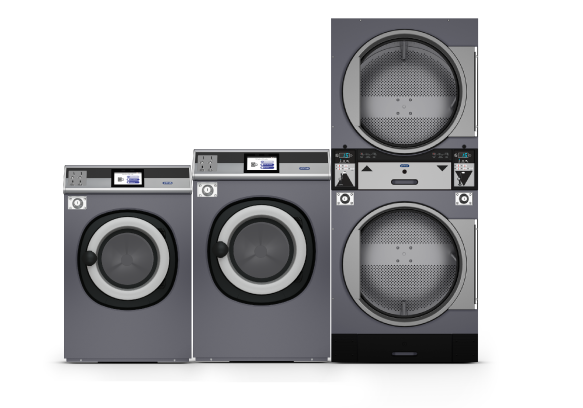 Two coin operated washer-estractors with stacked tumble dryer in Primus brand